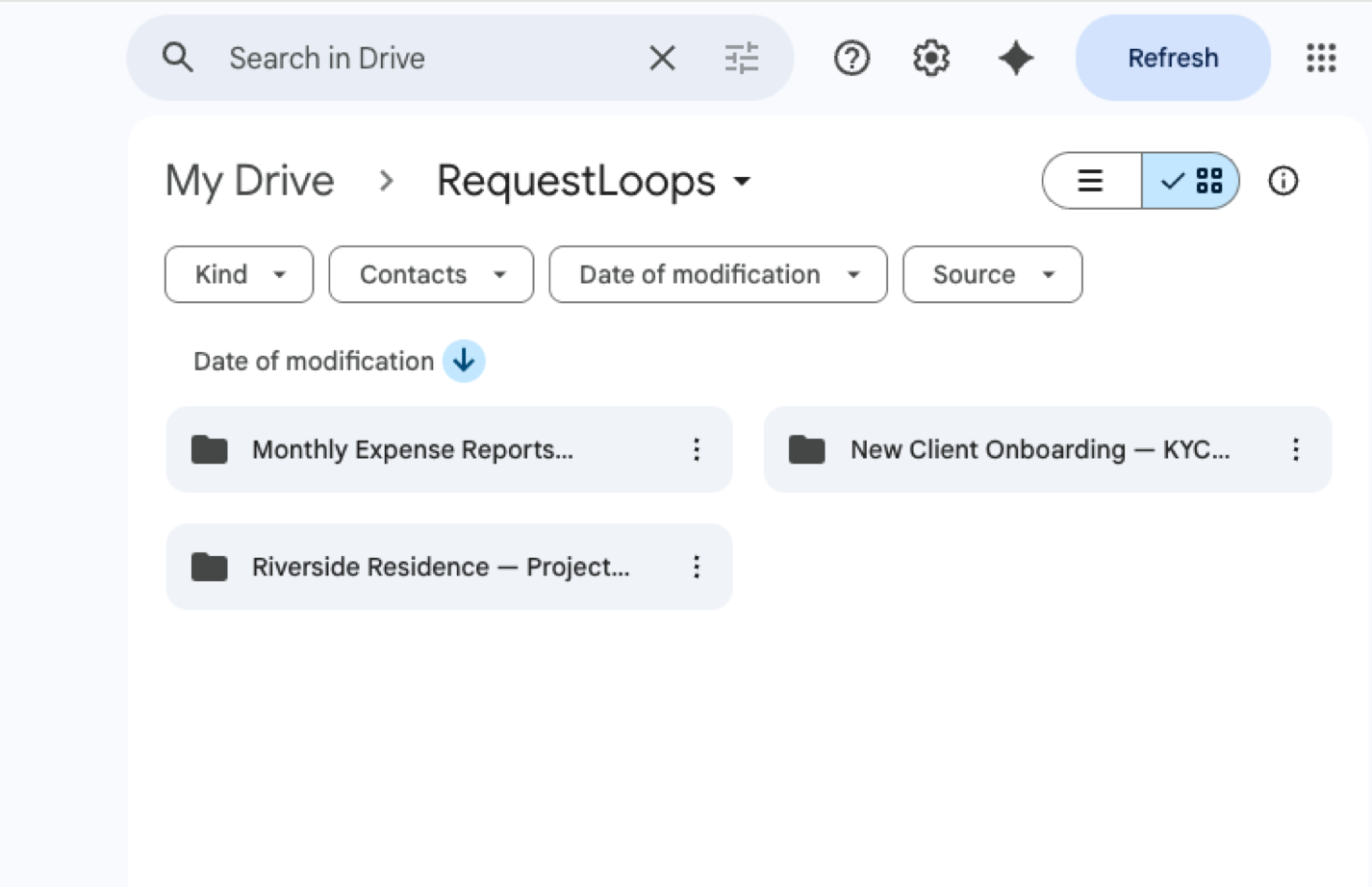 RequestLoops syncing client uploads into Google Drive folders by request and recipient